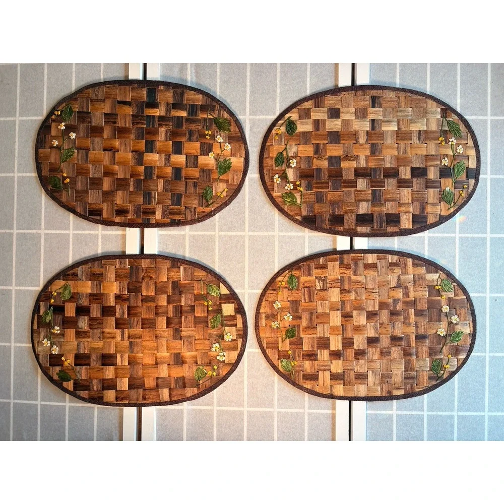 Cottagecore Woven Wood Placemats Set 4 Oval Floral Raffia Embroidery Countrycore